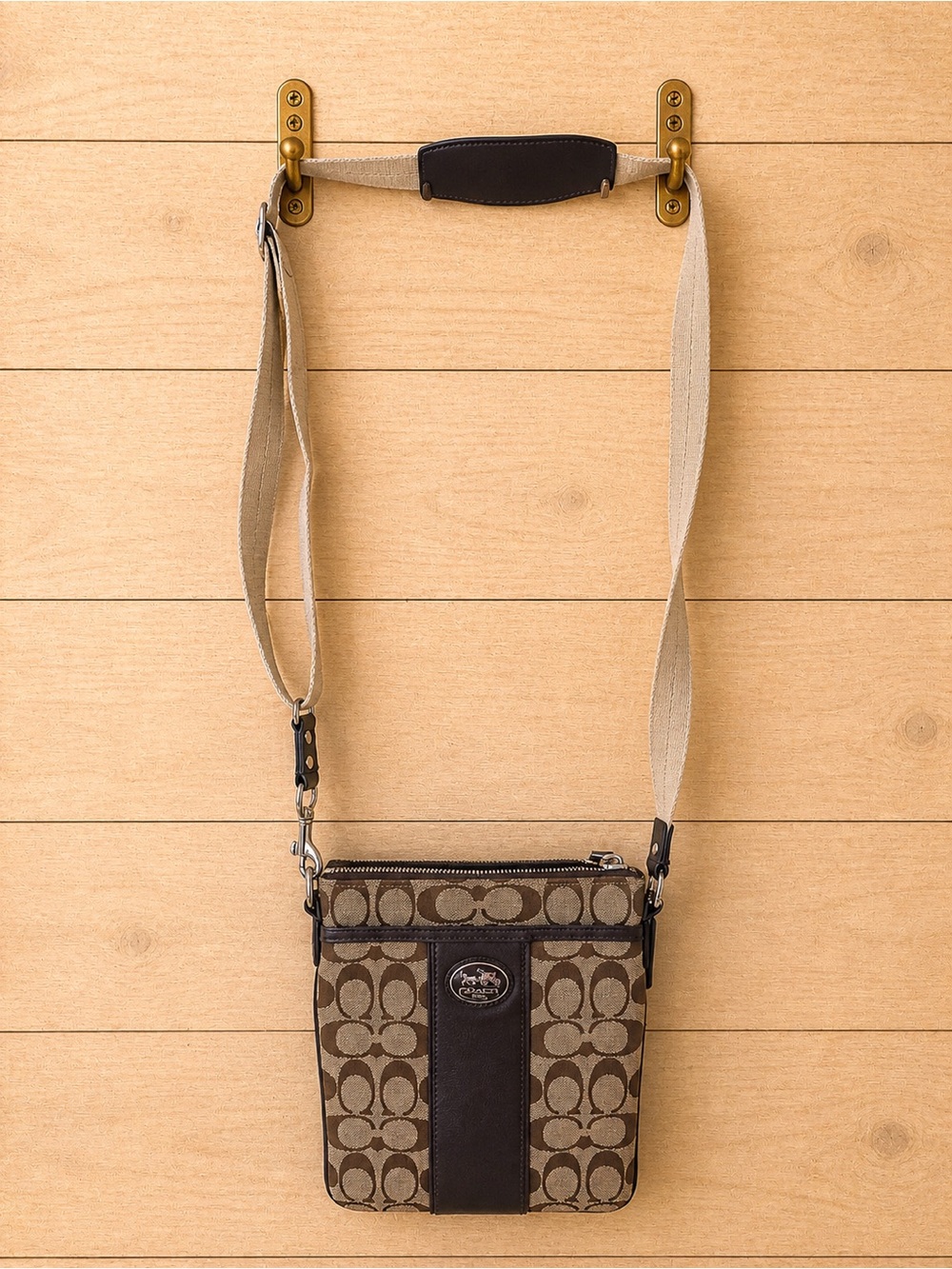 Vintage Coach Signature Jacquard Crossbody Bag Brown Tan Monogram Canvas Leather